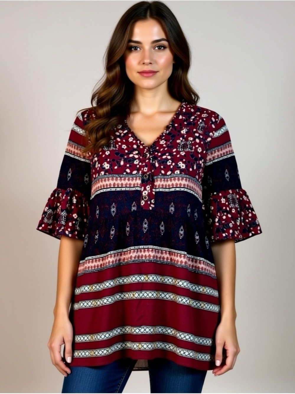 Knox Rose Peasant Top Red Flora Boho Festival Size XS Button Front Shirt